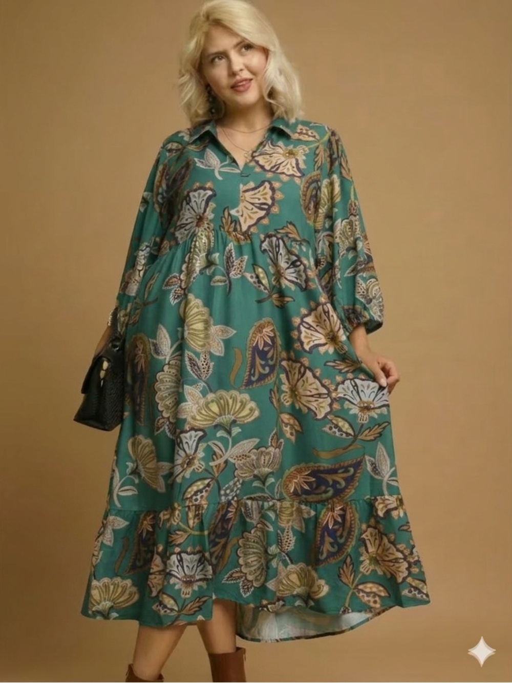 New!Umgee Plus Size Boho Paisley Lined Tiered Midi Dress Size 1X